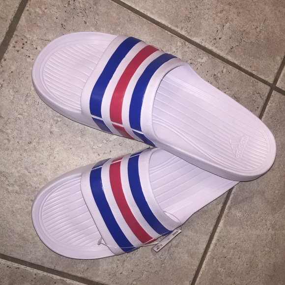 Adidas Blue Red & White Striped Slides! SOLD OUT - Picture 2 of 8